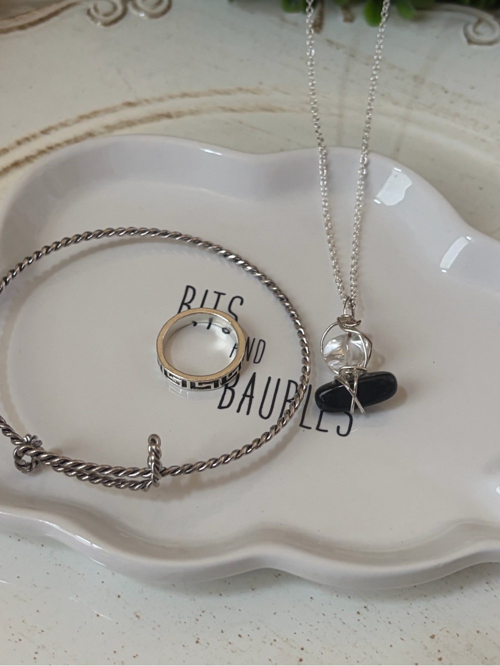 Silver Necklace with Black and Clear Stone Pendant by